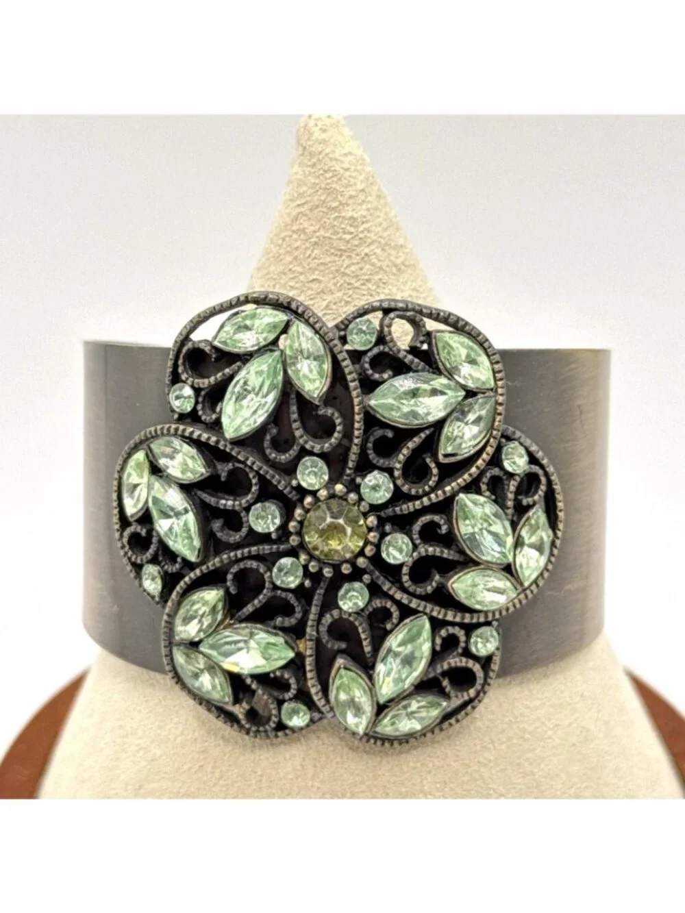 Brass Cuff Bracelet Filigree Floral Medallion Light Green Rhinestones Boho Art